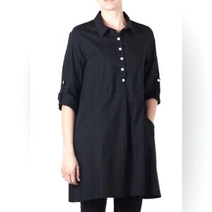 INAE Black Cotton Shirt Dress with Slip Pockets + Roll Up Tab Sleeves Size S